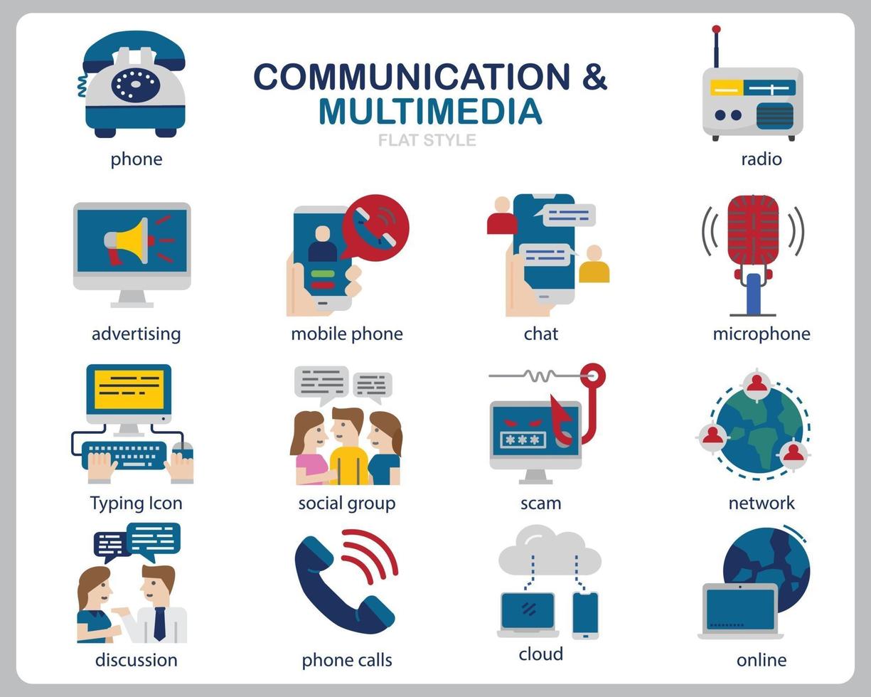 comunicación multimedia conjunto de iconos para sitio web, documento, diseño de carteles, impresión, aplicación. icono de concepto de comunicación estilo plano. vector