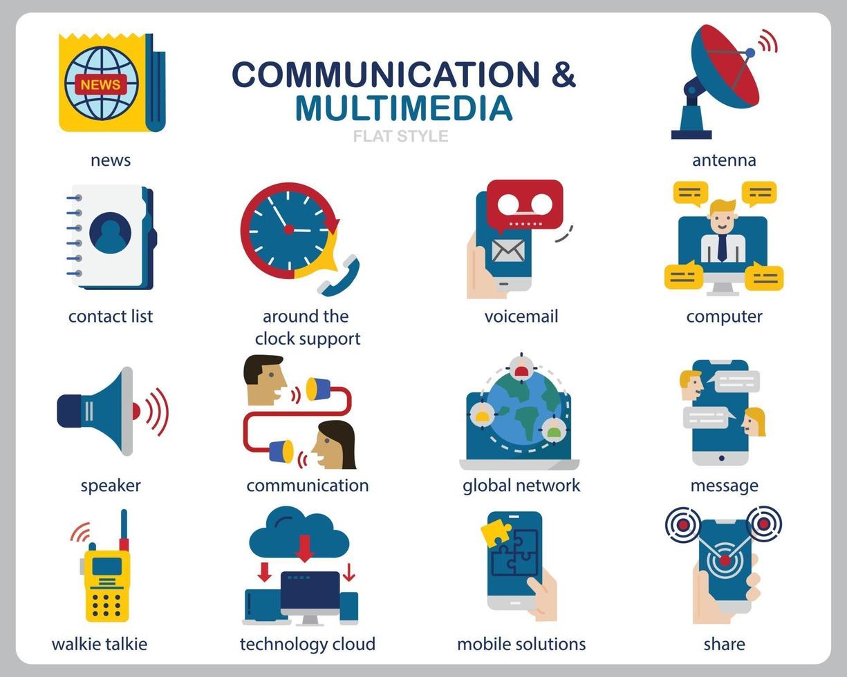 comunicación multimedia conjunto de iconos para sitio web, documento, diseño de carteles, impresión, aplicación. icono de concepto de comunicación estilo plano. vector