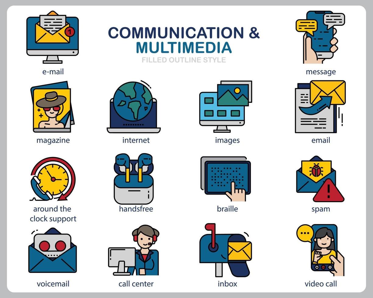 comunicación multimedia conjunto de iconos para sitio web, documento, diseño de carteles, impresión, aplicación. icono de concepto de comunicación lleno de estilo de contorno. vector