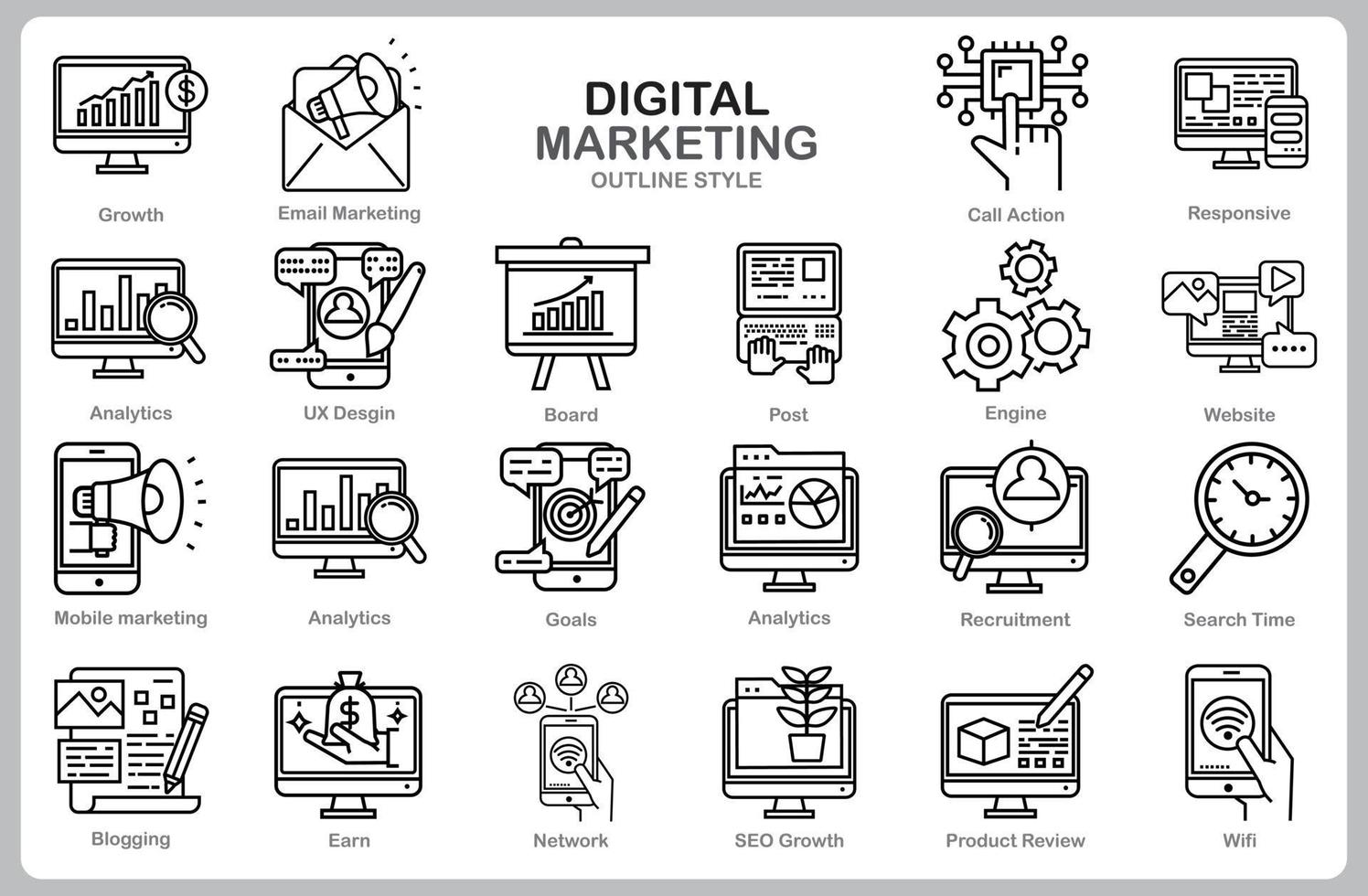 icono de marketing digital para sitio web, documento, diseño de carteles, impresión, aplicación. estilo de esquema de icono de concepto de marketing digital. vector