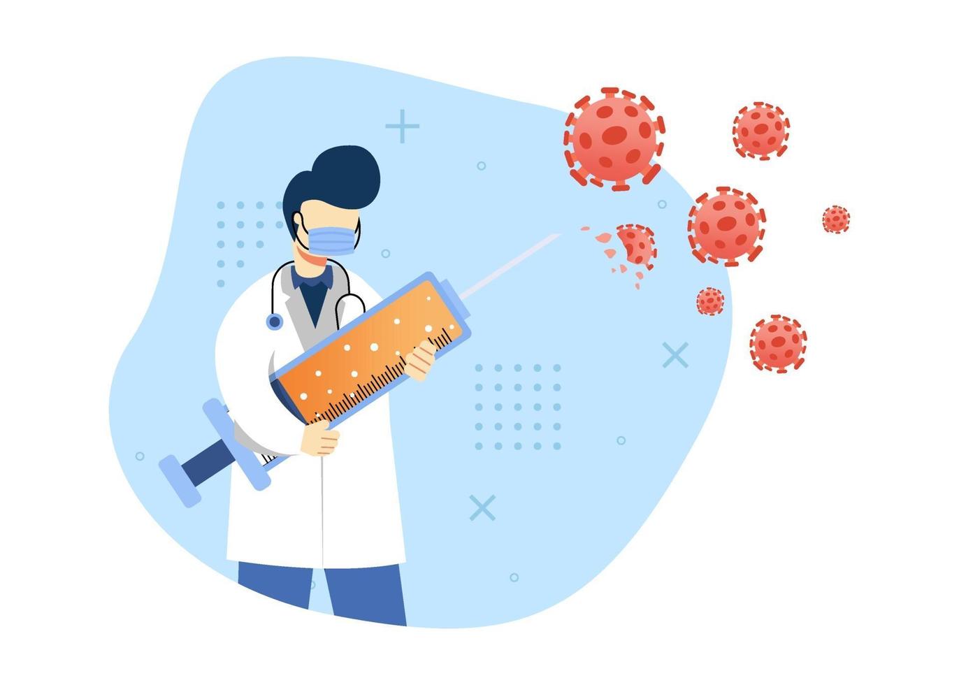 Ilustración de vector de concepto de icono de prevención de virus. médico lucha contra el virus con la vacuna. vacunación. estilo plano de ilustración de dibujos animados de personaje.
