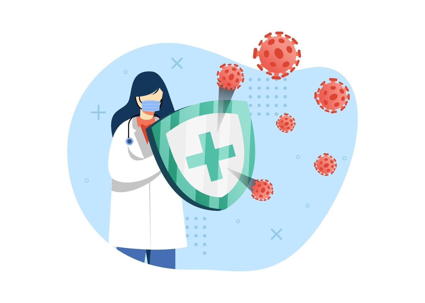 virus prevention  concept vector illustration. female doctor fights virus with medical shield. can use for the homepage, mobile apps. character cartoon Illustration flat style.