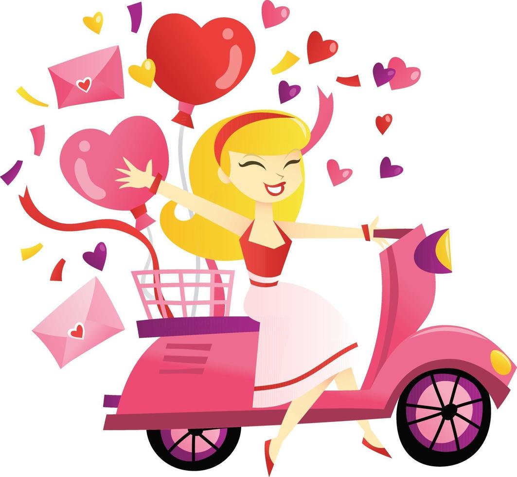 dibujos animados chica rubia montando scooter entregando regalos vector