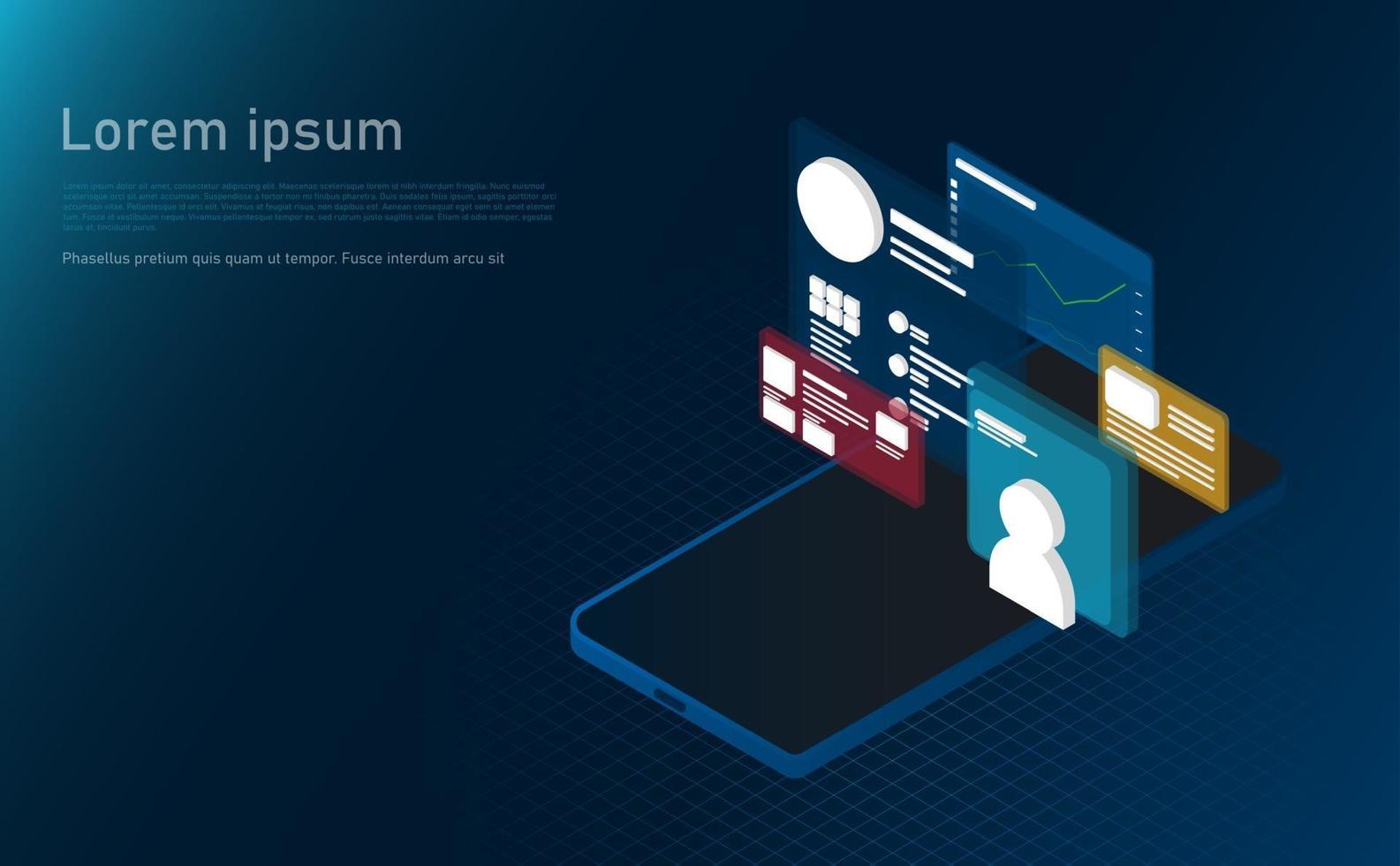 Isometric laptop analysis information. Futuristic concept. vector