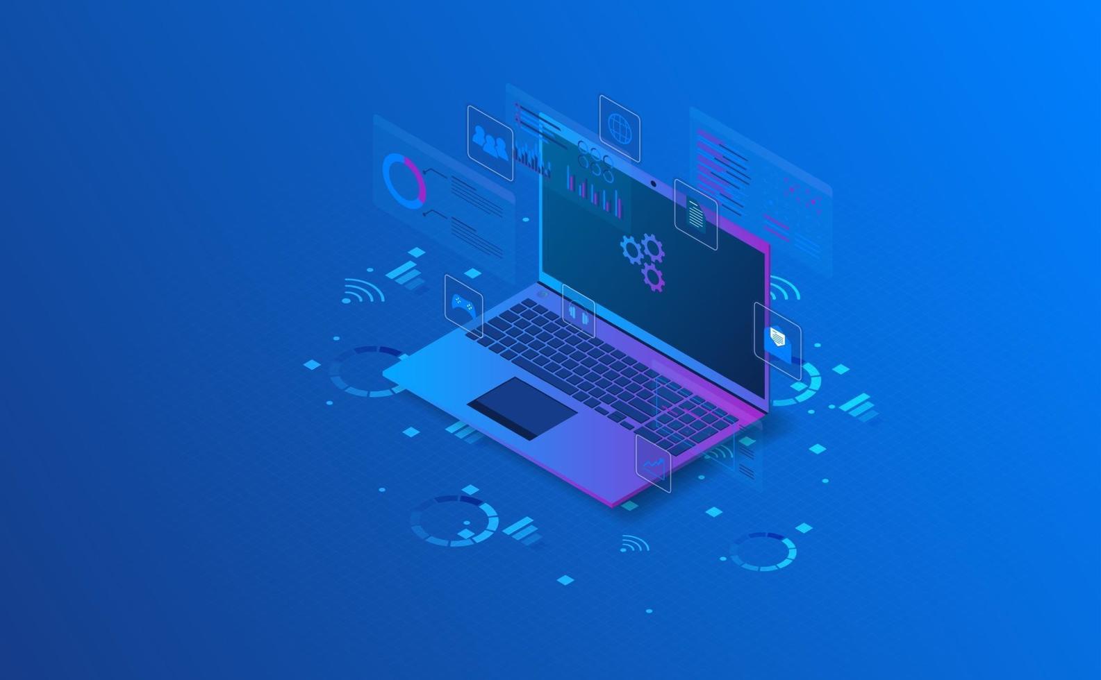 Isometric laptop analysis information. Futuristic concept. vector