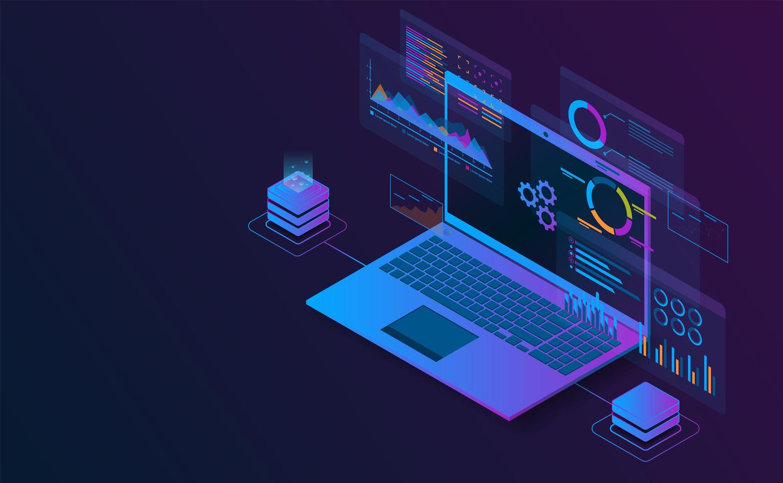 Isometric laptop analysis information. Futuristic concept. vector