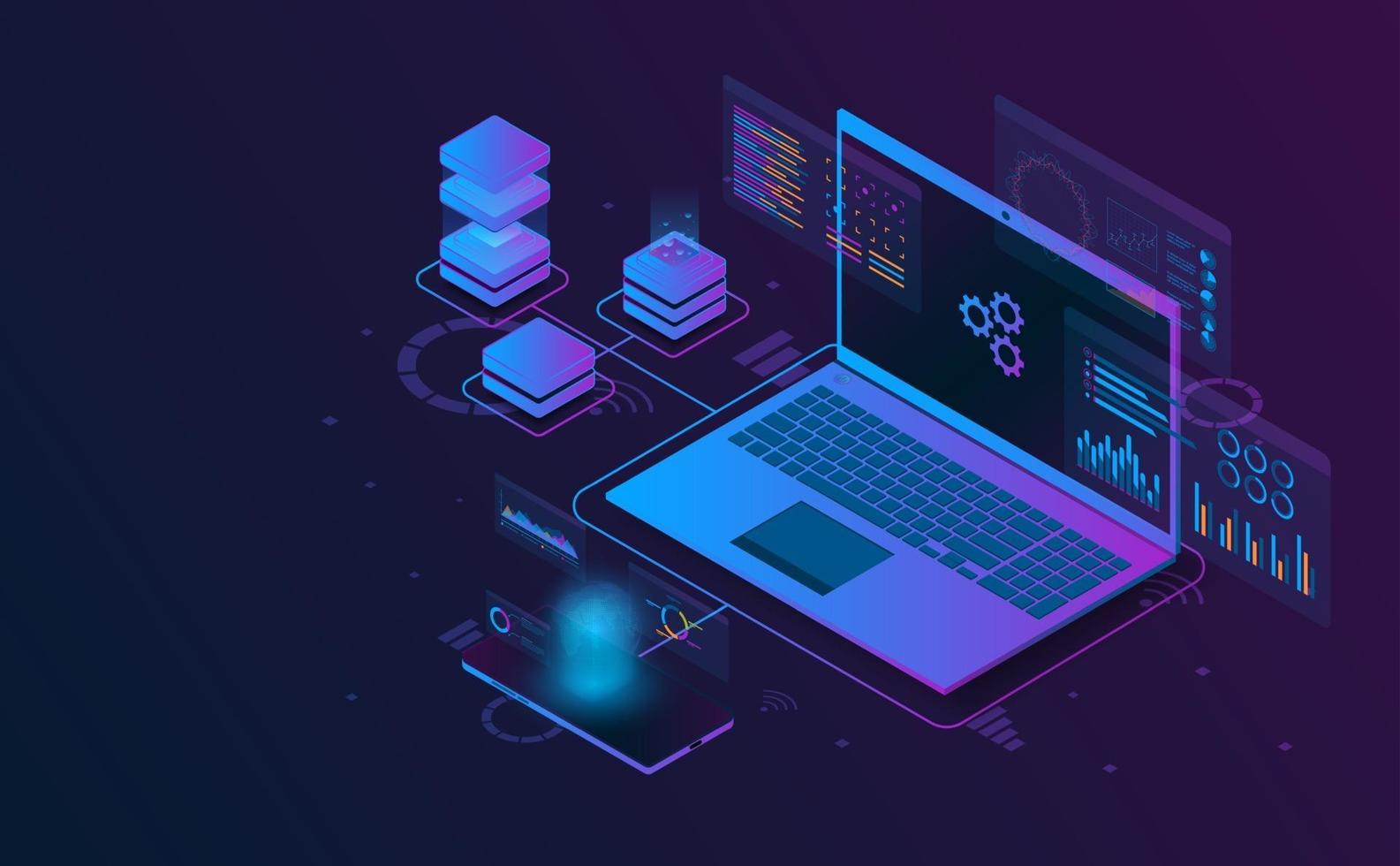 Isometric laptop analysis information. Futuristic concept. vector