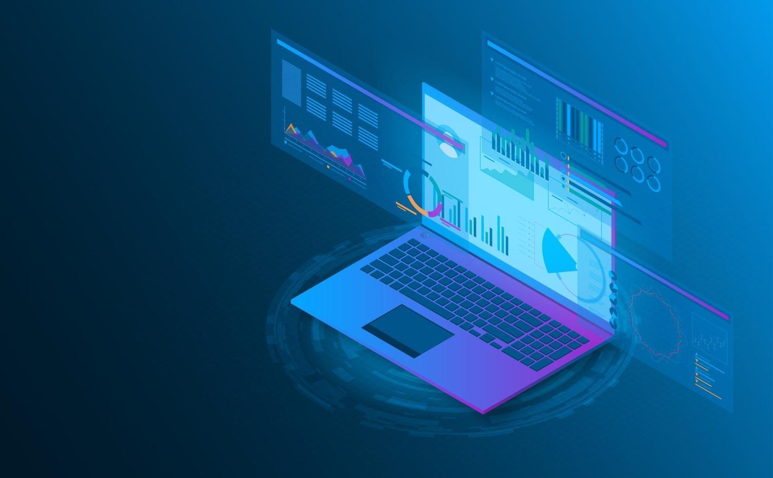 Isometric laptop analysis information. Futuristic concept. vector