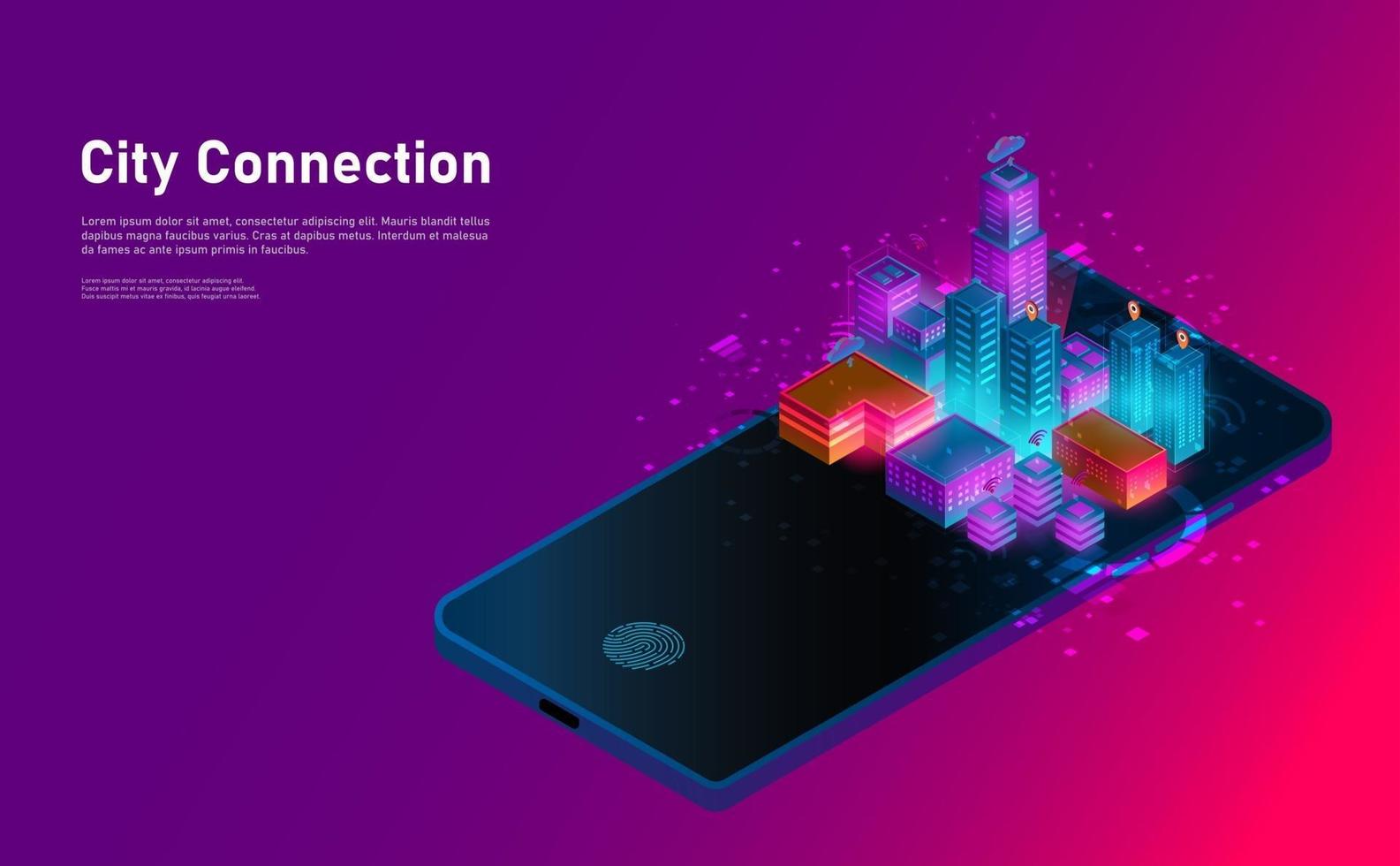 Isometric smart city connection in smartphone lanescape. Futuristic concept. vector