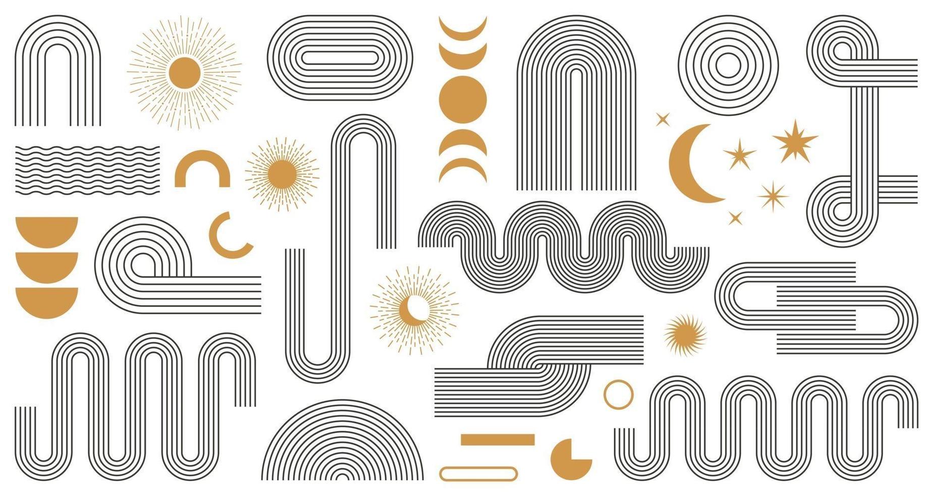 Conjunto de formas geométricas estéticas boho abstracto. Diseño contemporáneo de líneas de mediados de siglo con fases de sol y luna, estilo bohemio de moda. ilustración vectorial moderna vector