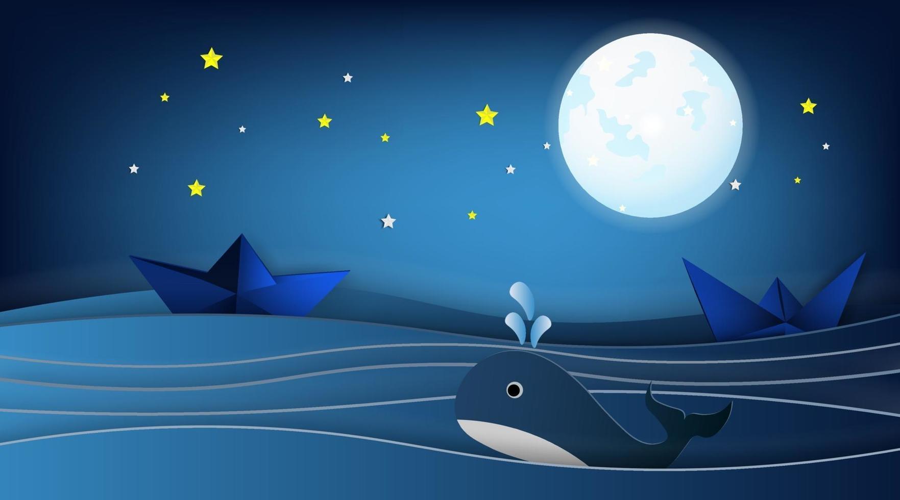 veleros en el paisaje oceánico con ballenas y estrellas en el cielo nocturno vector