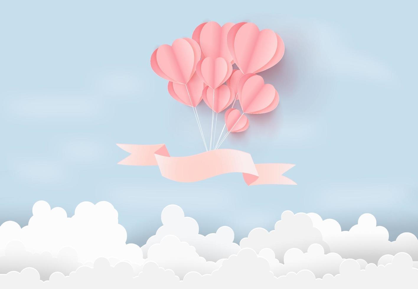 Ilustración de amor con globos de corazón flotando en el cielo, concepto de San Valentín. estilo de arte de papel. vector