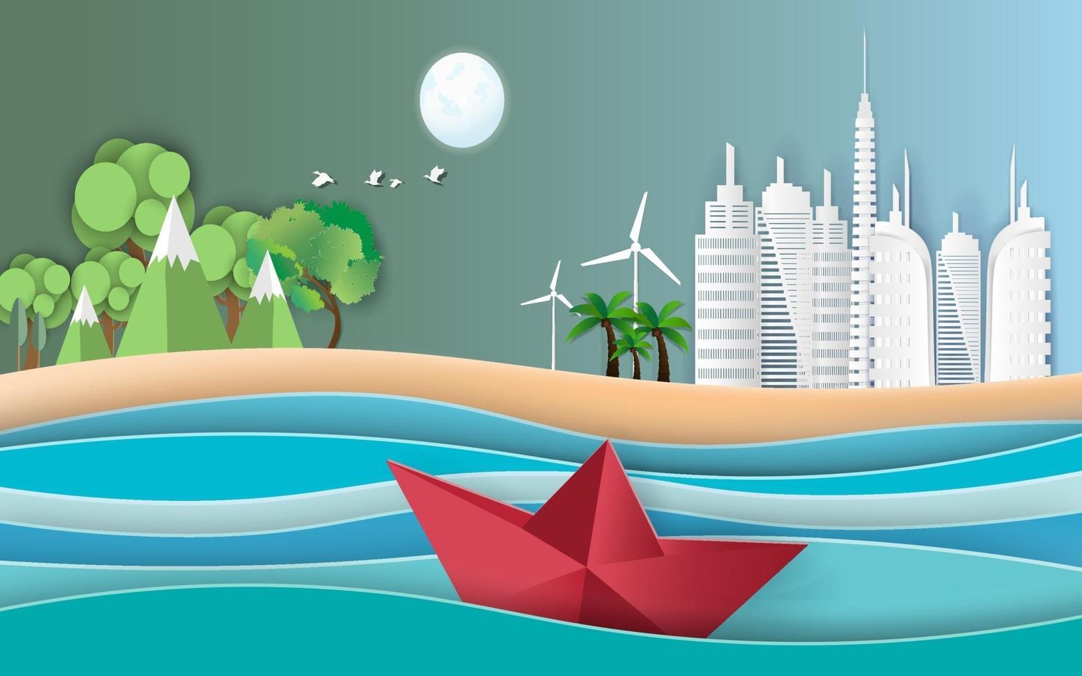 Boat sailing in the sea with difference between the forest and the building. Paper art style. vector