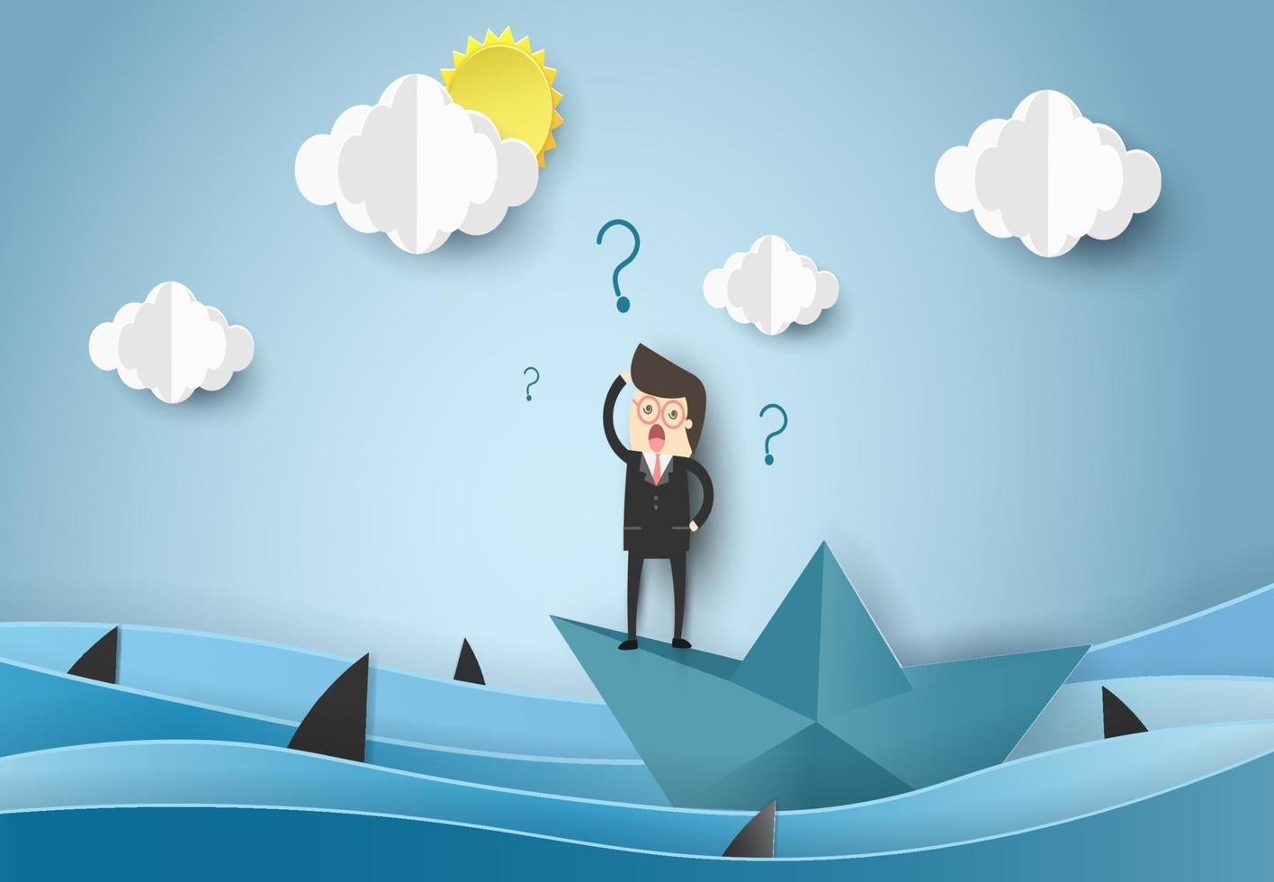 Businessman standing on paper boat looking for help in ocean with sharks. Business problems concept vector