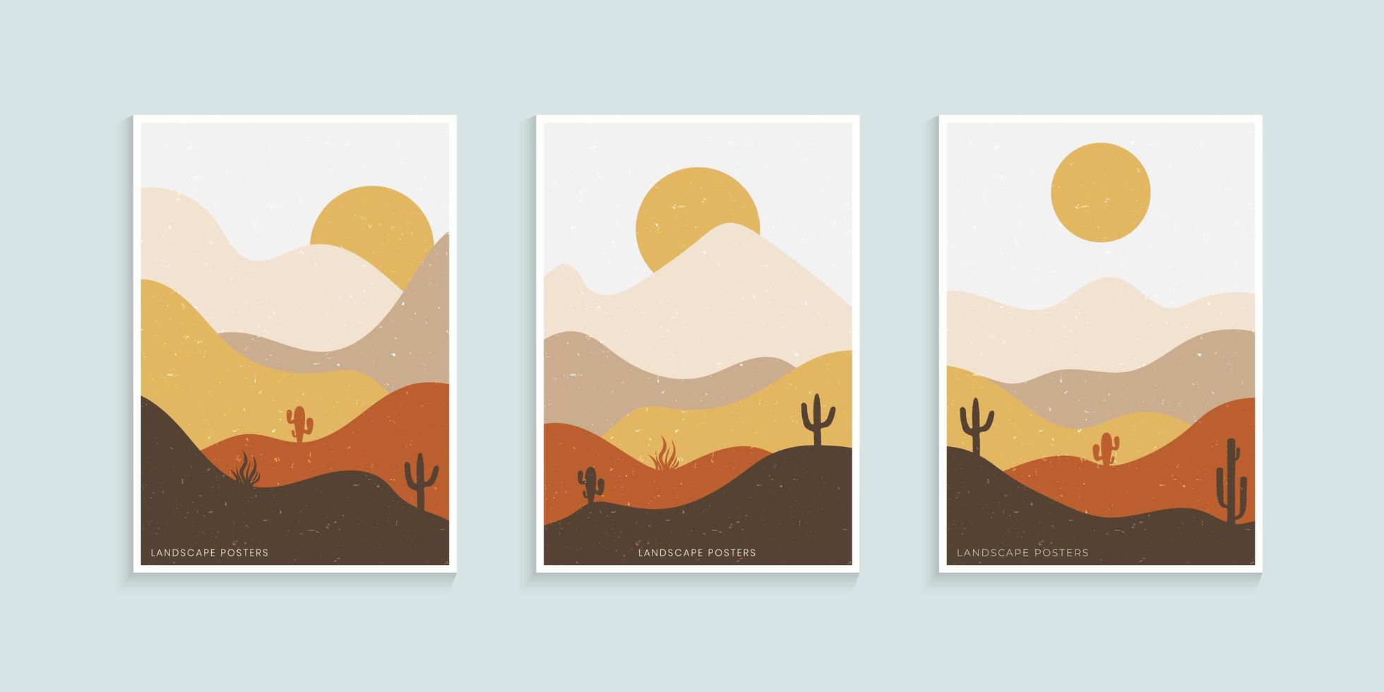Abstract minimalist landscape poster, Mountains and cactus minimalist wall decor vector
