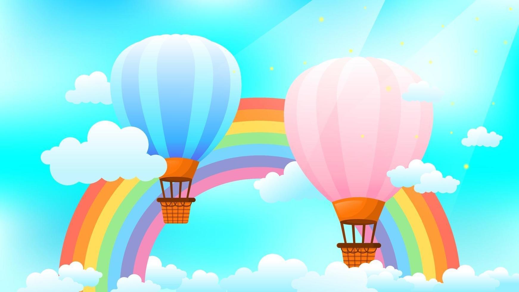 Fantasy background with hot air balloons and rainbow vector