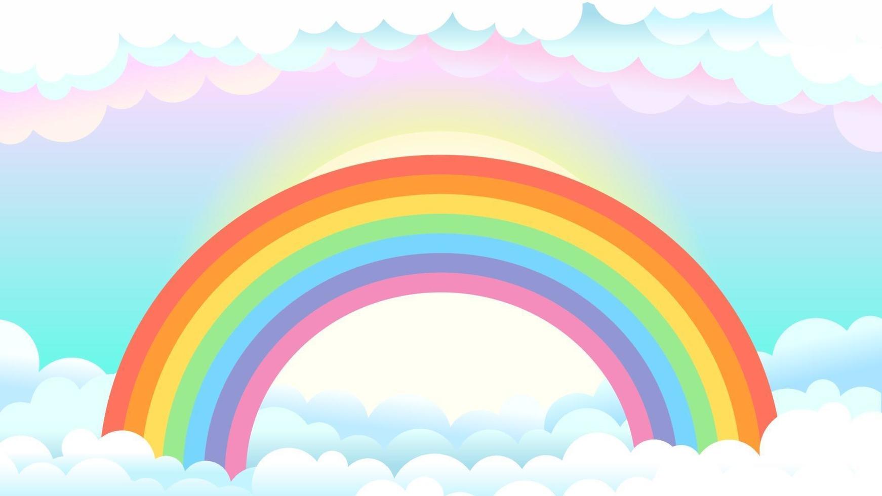 Rainbow in sky with clouds, fantasy background vector