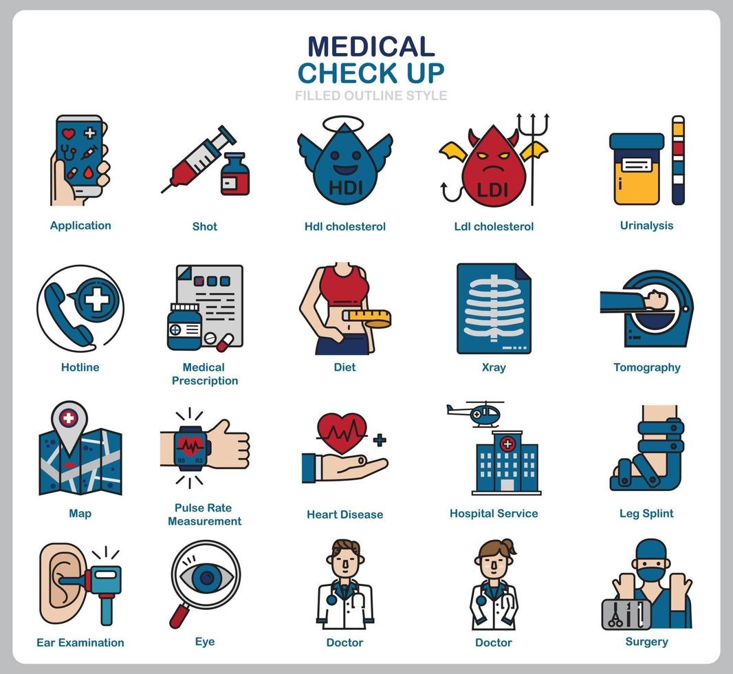 conjunto de iconos de chequeo médico para sitio web, documento, diseño de carteles, impresión, aplicación. icono de concepto de salud lleno de estilo de contorno. vector