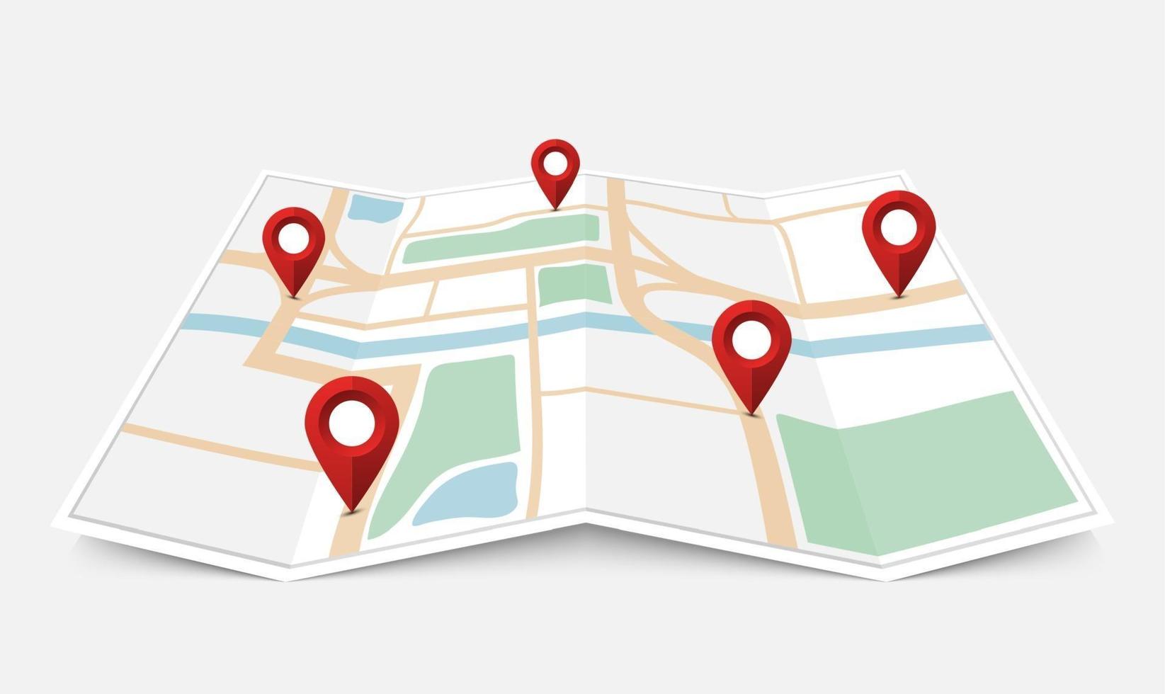 Folded paper city map with red pin pointer, vector illustration