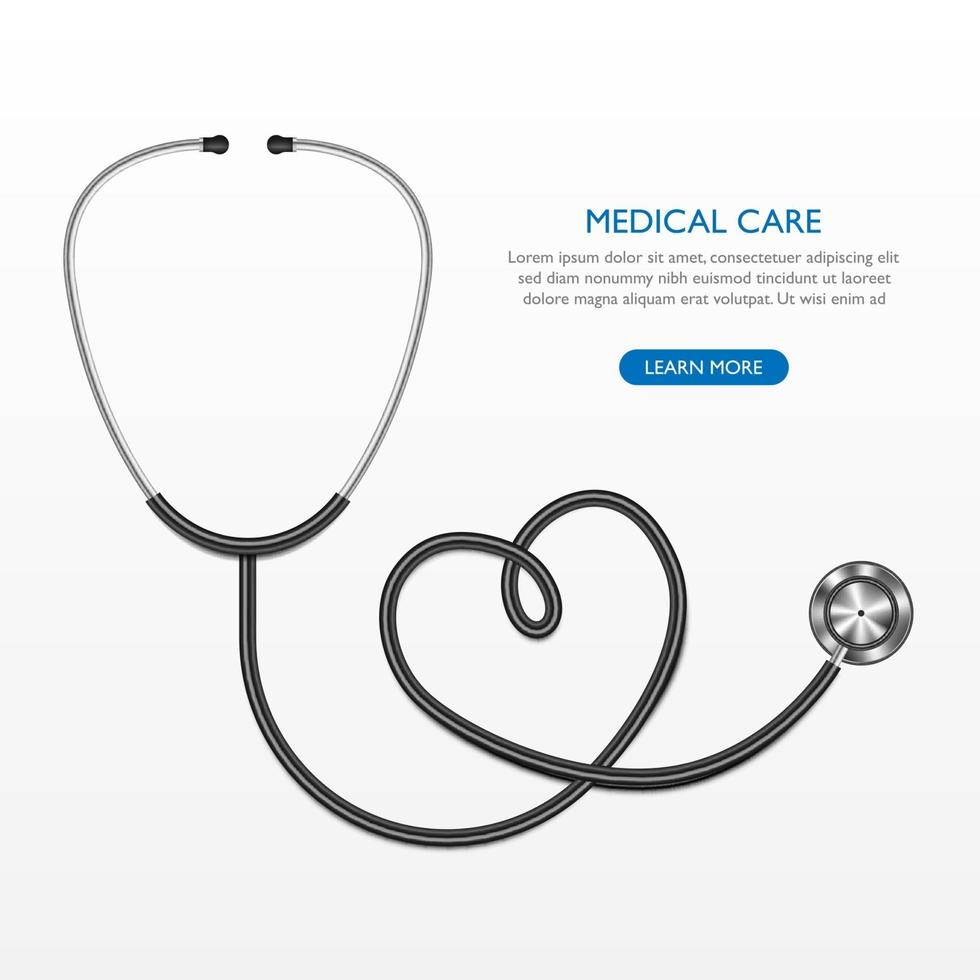 Realistic stethoscope and heart isolated on white background, medical care concept, vector illustration