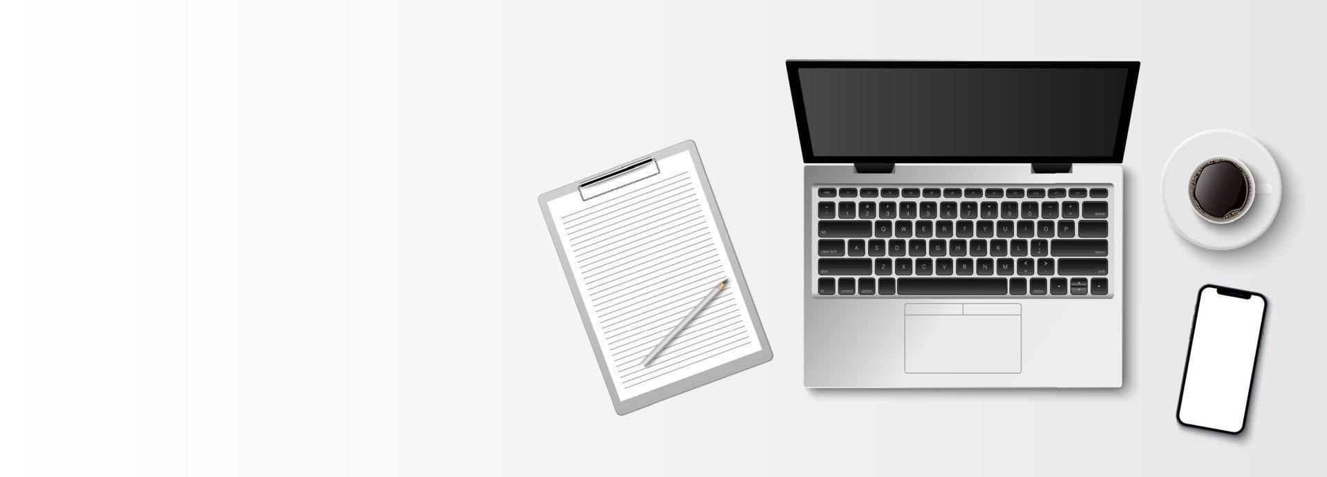 Flat lay minimal work space, top view office desk with computer laptop, clipboard and coffee cup on white color background with copy space, vector illustration