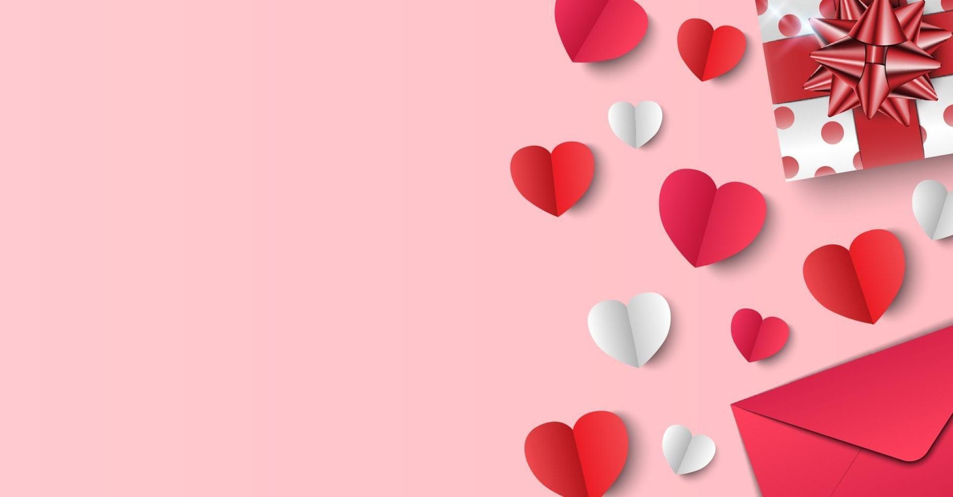 Valentine's Day background, gifts, envelope and paper hearts on pink background, vector illustration