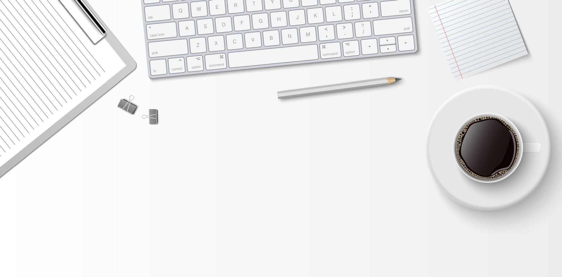 espacio de trabajo mínimo endecha plana, escritorio de oficina de vista superior con teclado de computadora, portapapeles y taza de café sobre fondo de color blanco con espacio de copia, ilustración vectorial vector