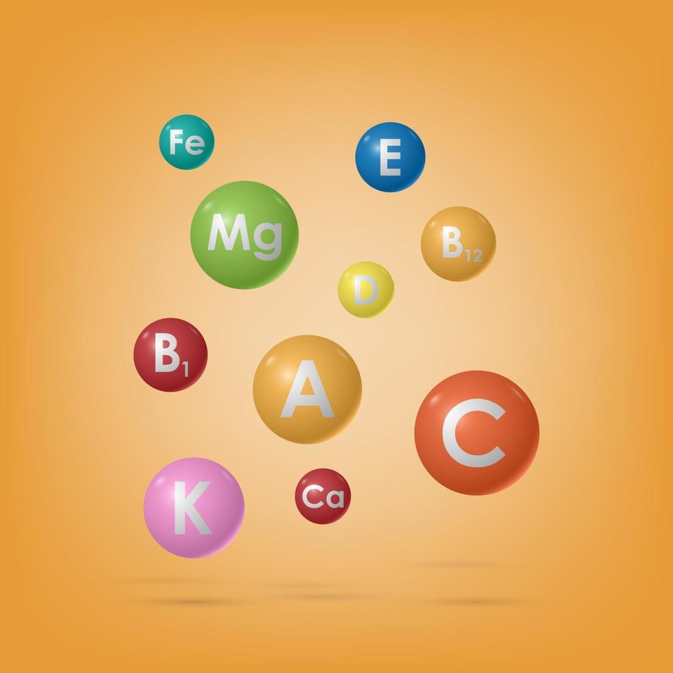 Complejo esencial de vitaminas y minerales, medicina y salud, ilustración vectorial vector