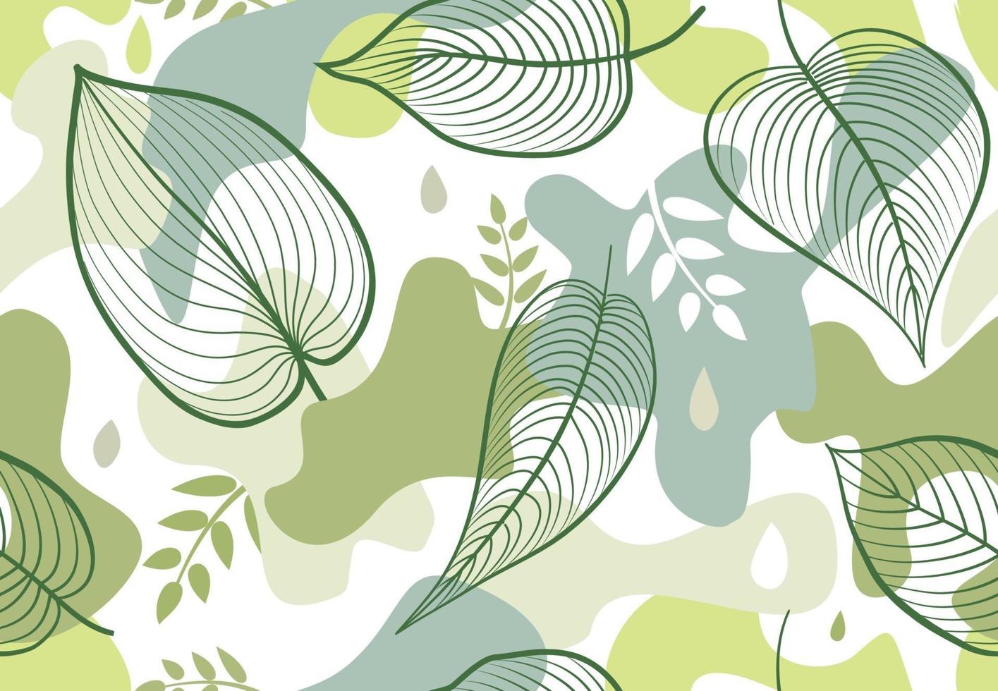 Seamless pattern with organic shape blots in memphis style. Stylish floral painted wallpaper with leaves. Summer nature tile background vector