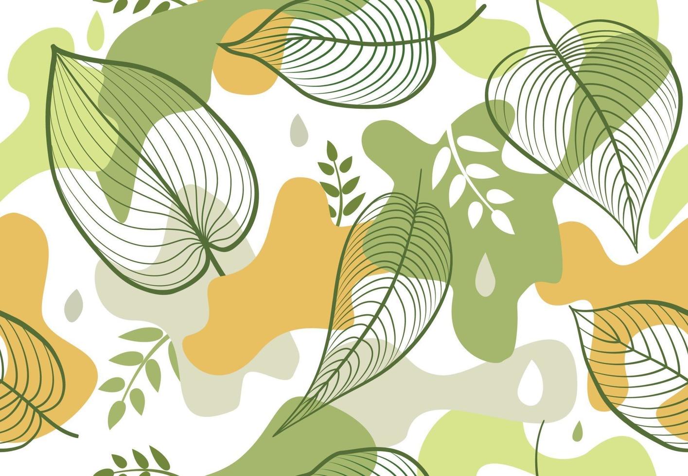 Seamless pattern with organic shape blots in memphis style. Stylish floral painted wallpaper with leaves. Summer nature tile background vector