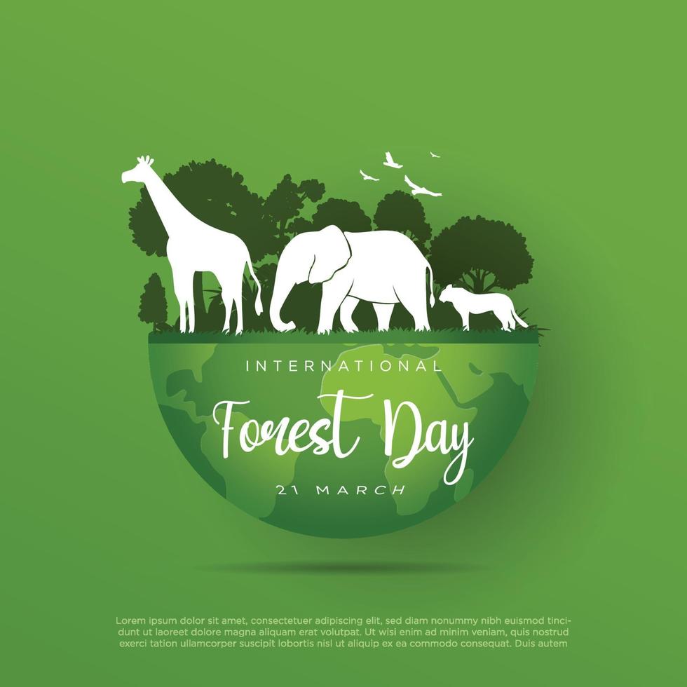 international forest day 21 march vector illustration. animals, trees, green greeting on globe