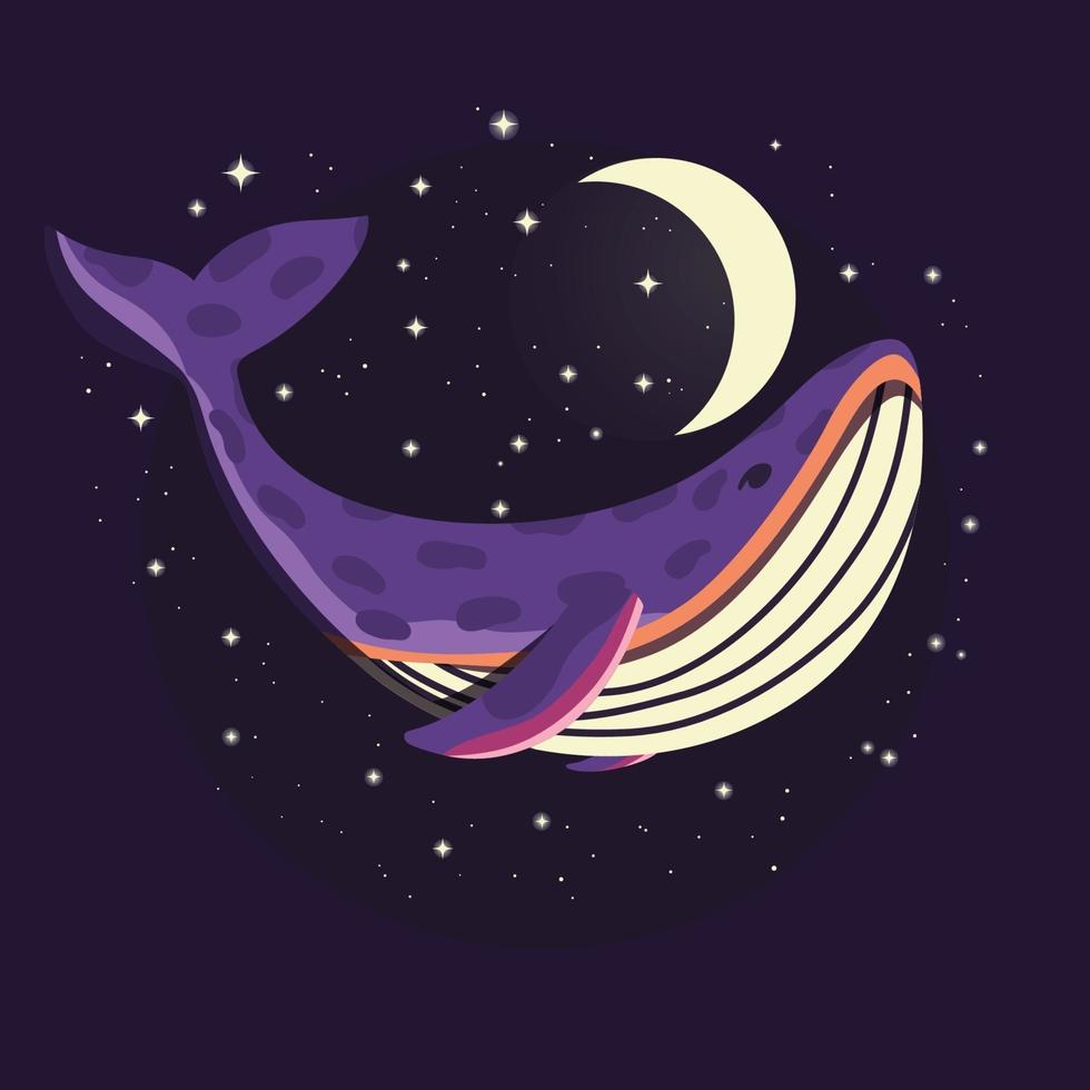 Ilustración colorida retrato de ballena linda en el espacio con luna y estrellas. animal salvaje dibujado a mano. vector