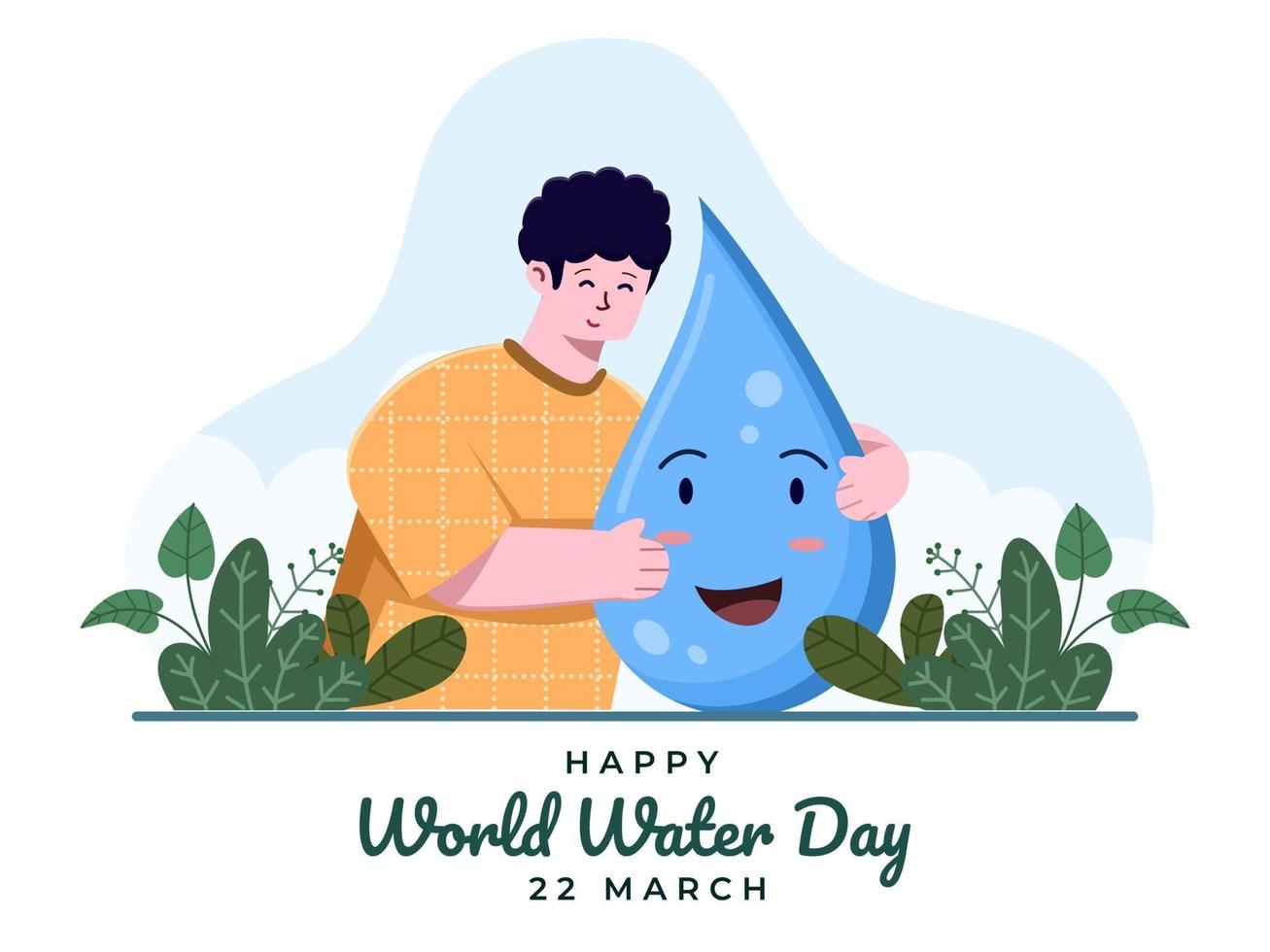 ilustración día mundial del agua 5 de marzo con una persona abrazando el personaje de mascota de cartón de gota de agua. feliz día internacional del agua. Celebre el día mundial del agua. adecuado para pancarta, póster, tarjeta de felicitación, folleto. vector