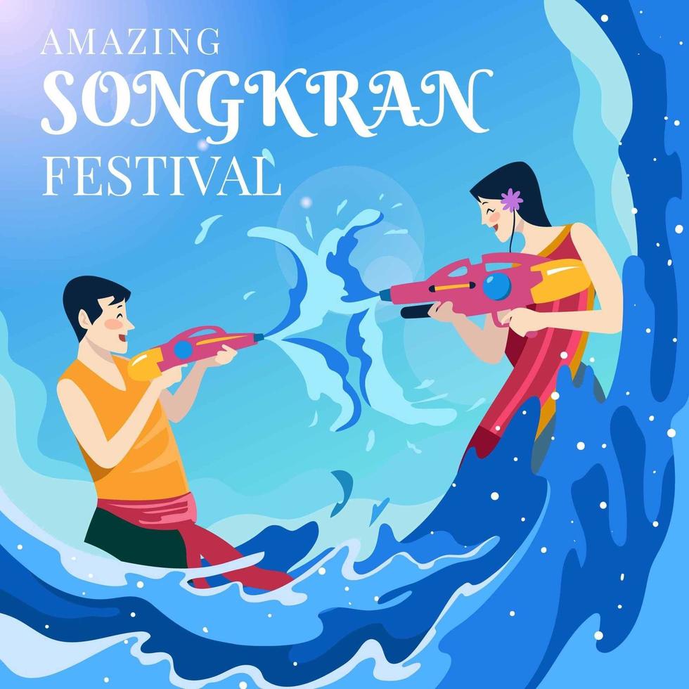 People Playing Water Gun in Songkran Festival vector