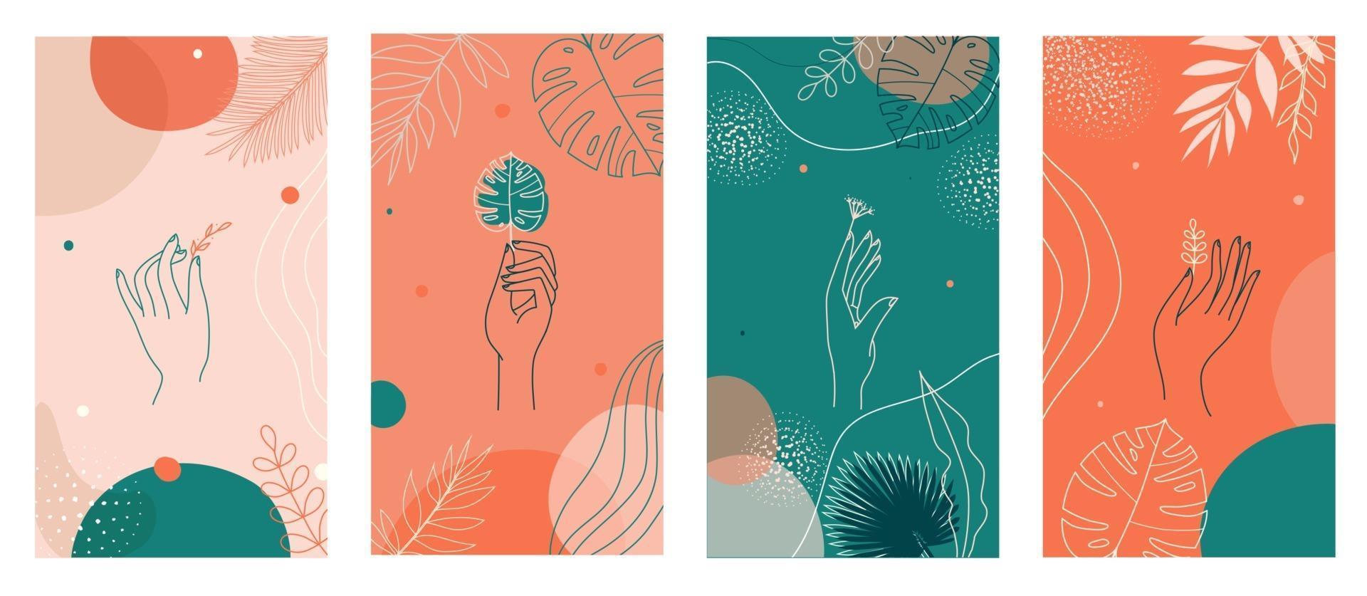 Social media stories set, abstract modern backgrounds with colorful combination of shapes, tropical palm, hands icons. vector