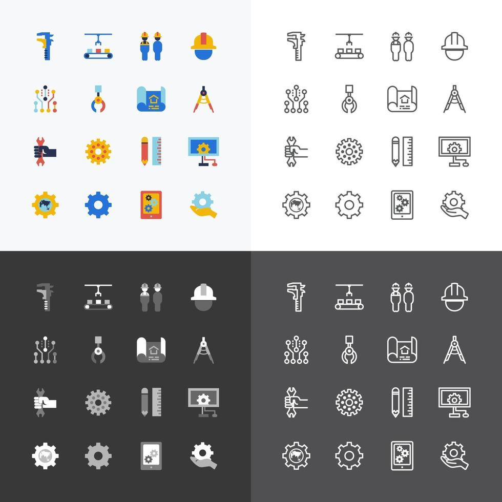 Engineering and manufacture silhouette icons set flat thin line design vector