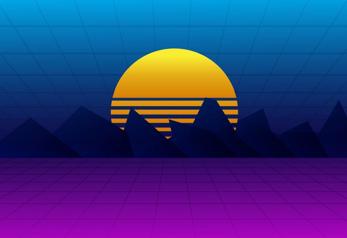 fondo retro de montañas y puesta de sol vector