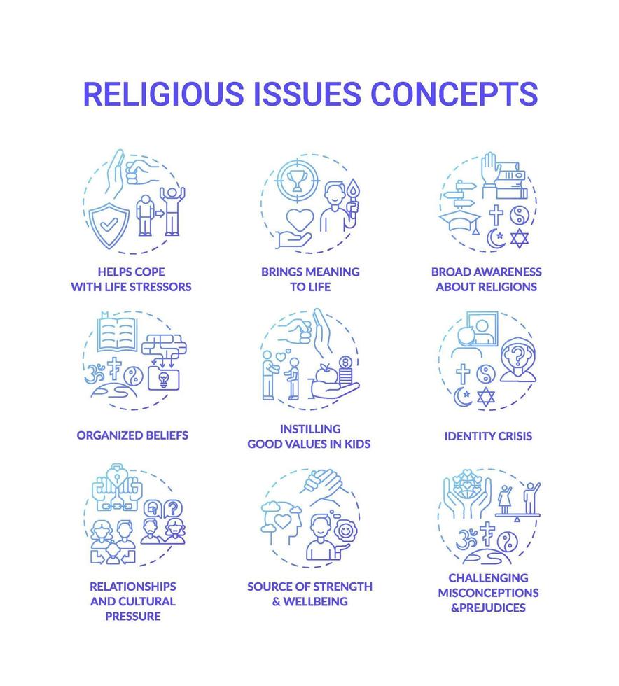 Religious issues and values blue concept icons set vector