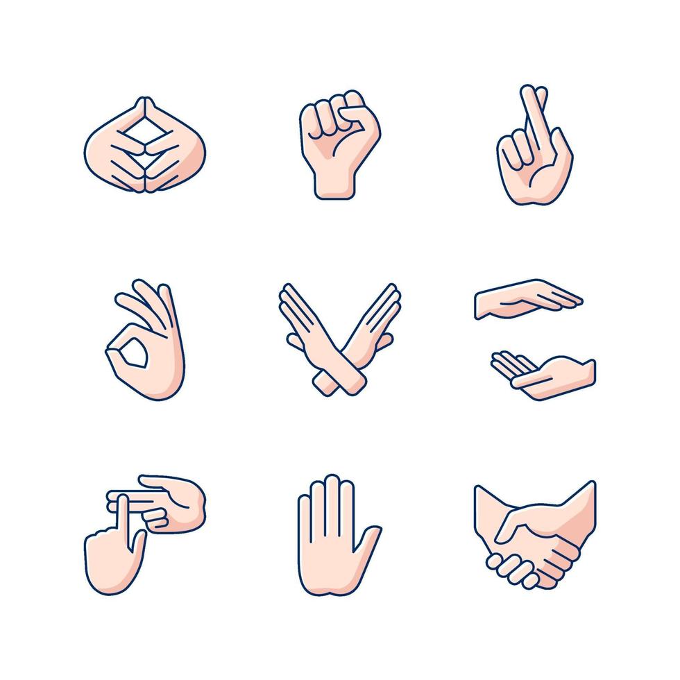 Hand gestures RGB color icons set vector