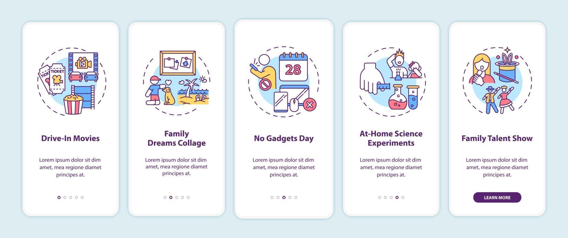 Family fun ideas onboarding mobile app page screen with concepts vector