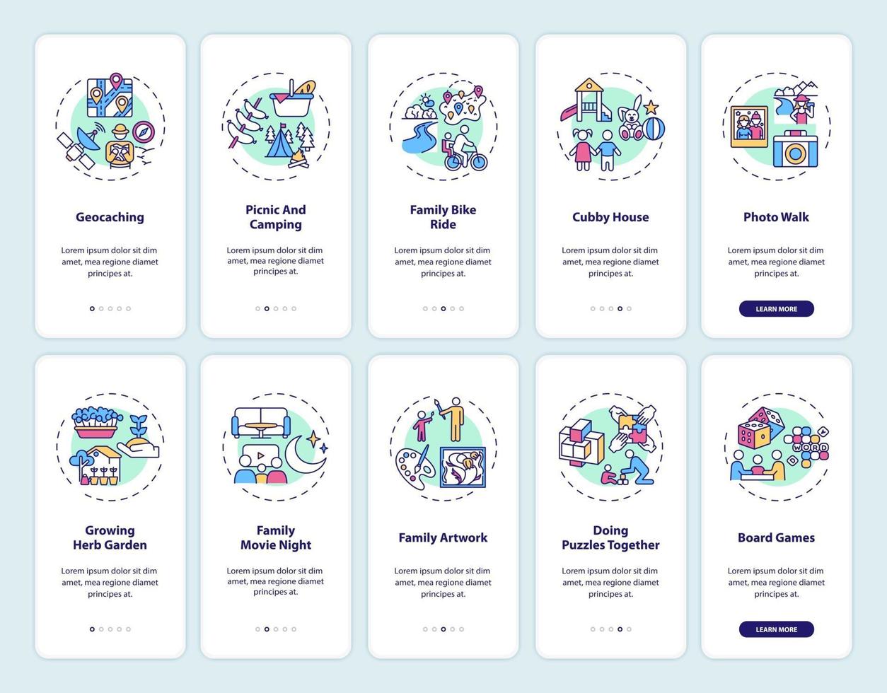 Family fun onboarding mobile app page screen with concepts set vector