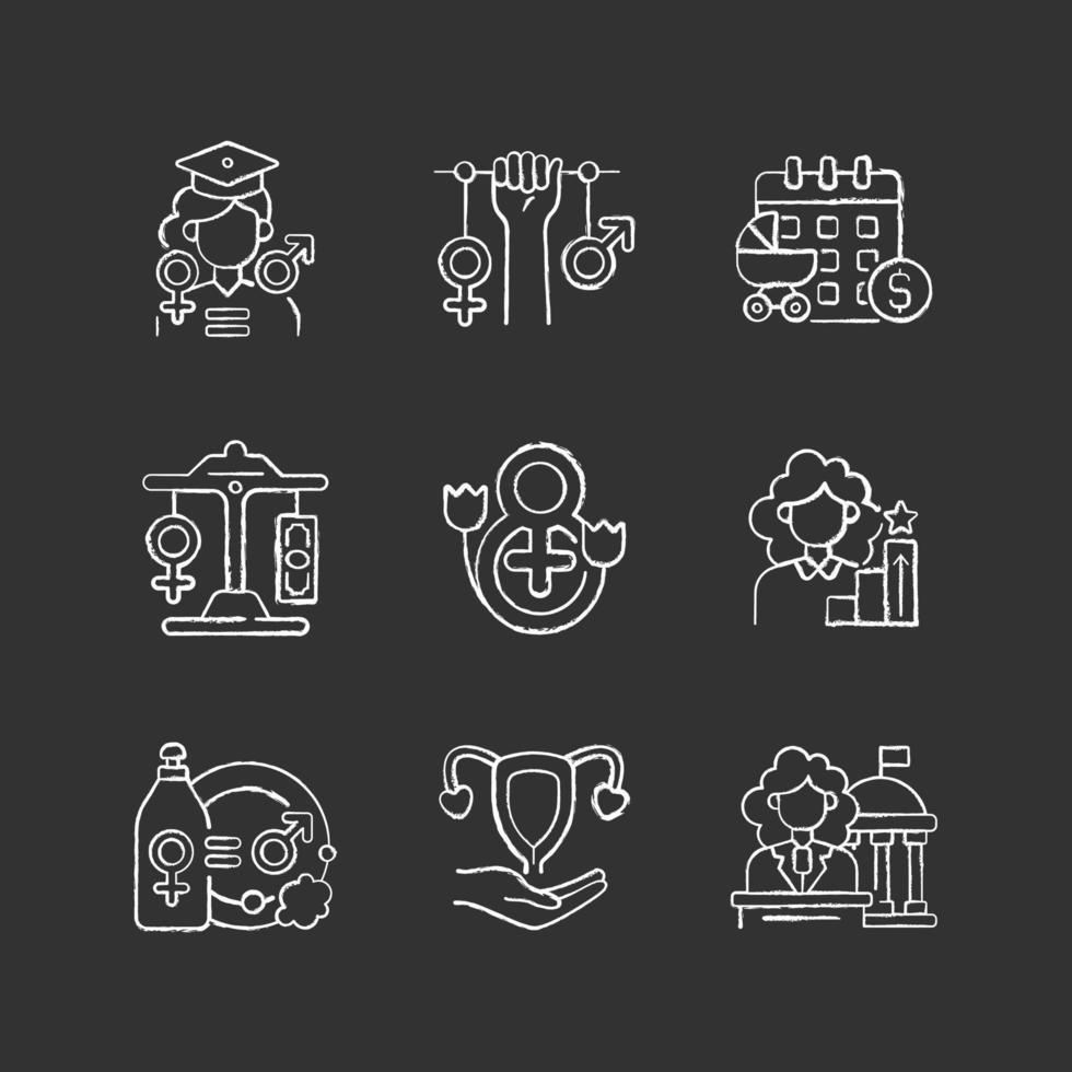 Feminism chalk white icons set on black background vector