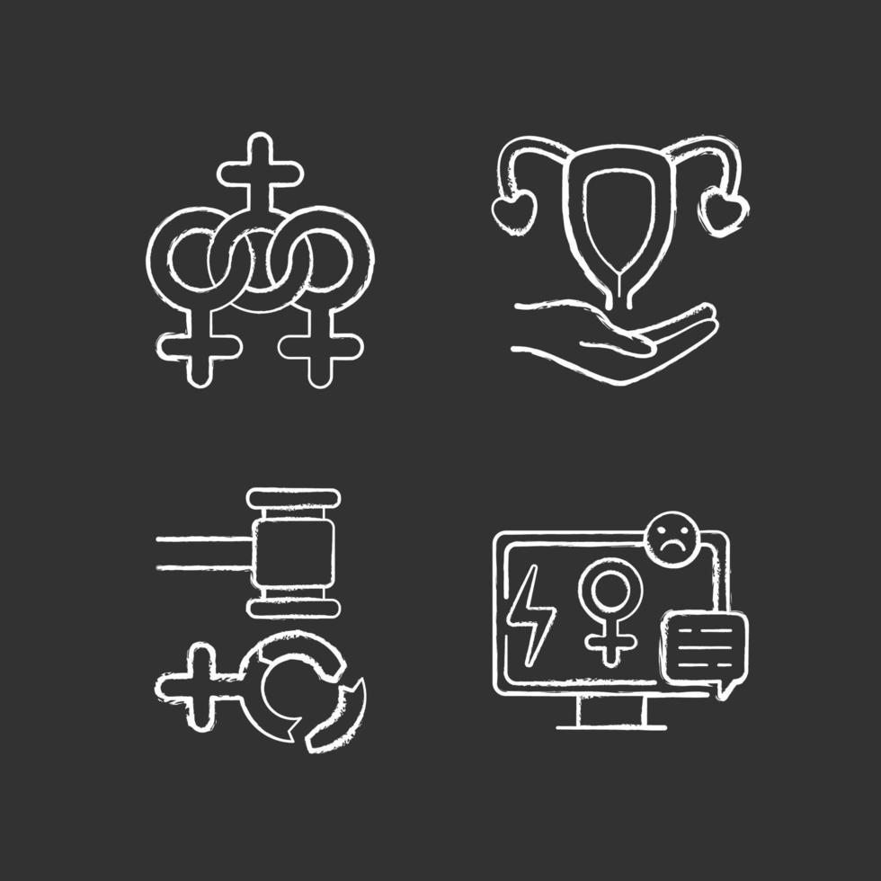 Feminism chalk white icons set on black background vector