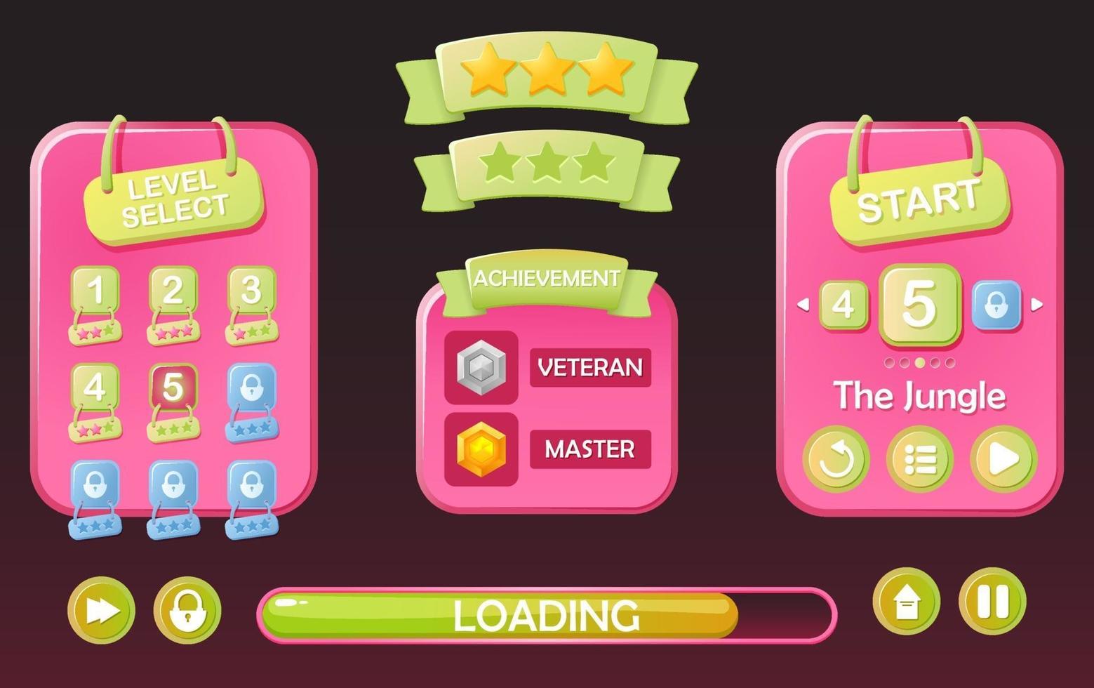 set of Level selection game ui pop up and star with ribbon for 2d gui vector Illustration