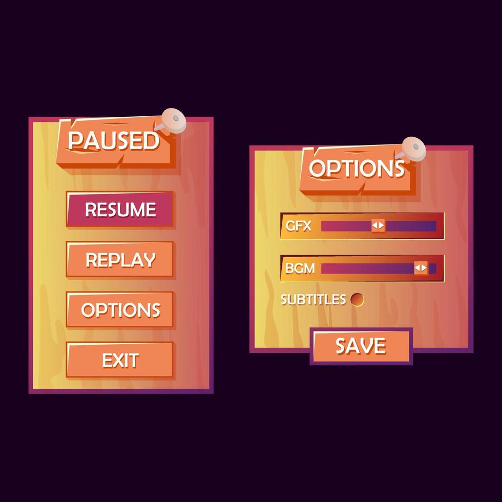 Wooden game ui kit pop up. paused and options menu for 2d gui games vector Illustration