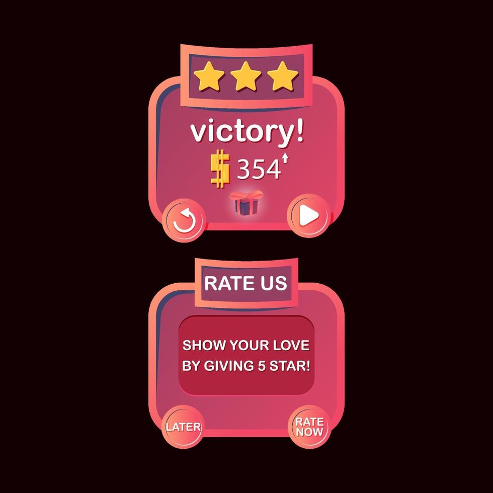 Set of game ui. Victory and rate us pop up menu for 2d games vector Illustration