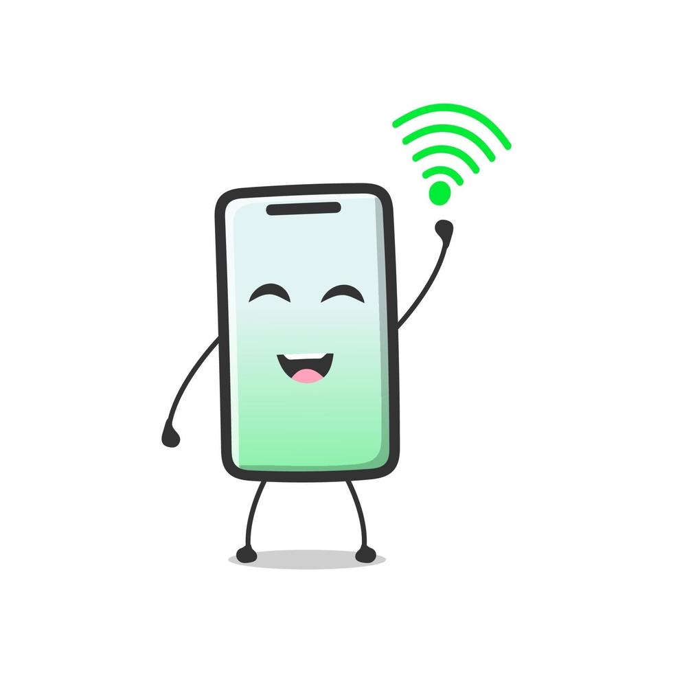 Personaje de teléfono inteligente de dibujos animados feliz con ilustración de vector de señal wifi verde completo