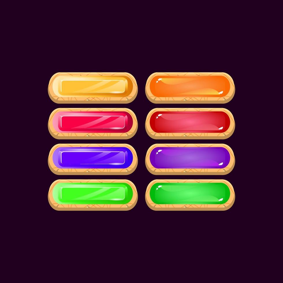 Set of game ui rounded wooden diamond and jelly colorful button for gui asset elements vector illustration