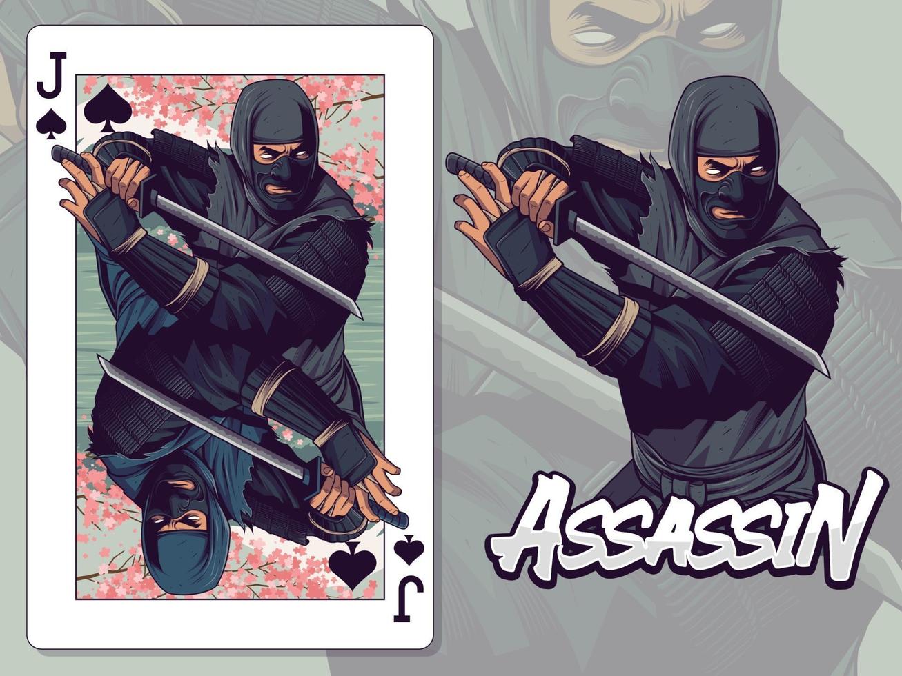 Ilustración ninja para diseño de naipes de jota de espadas vector