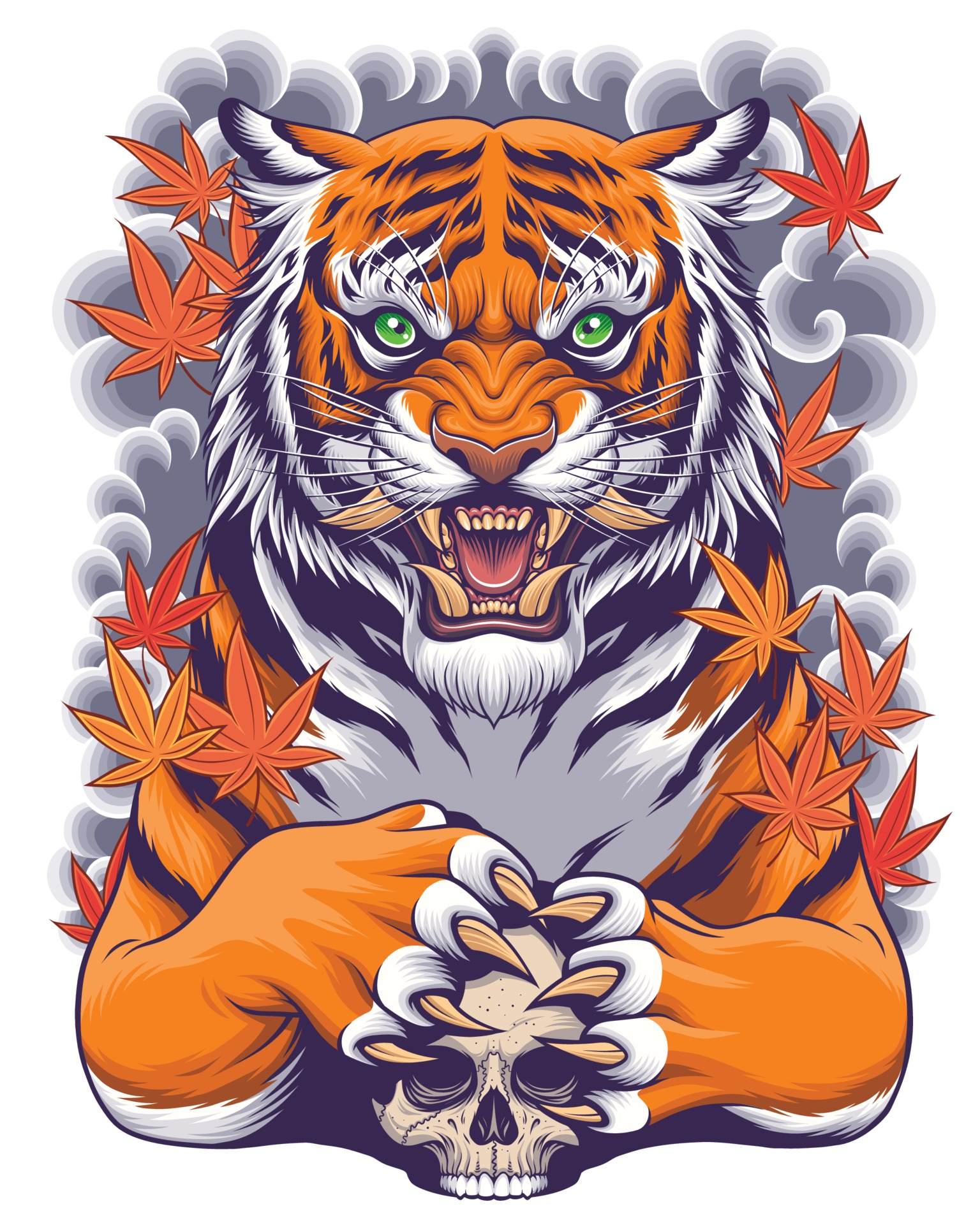 Tiger and Skull Illustration with Japanese Style Art Background 2128978  Vector Art at Vecteezy